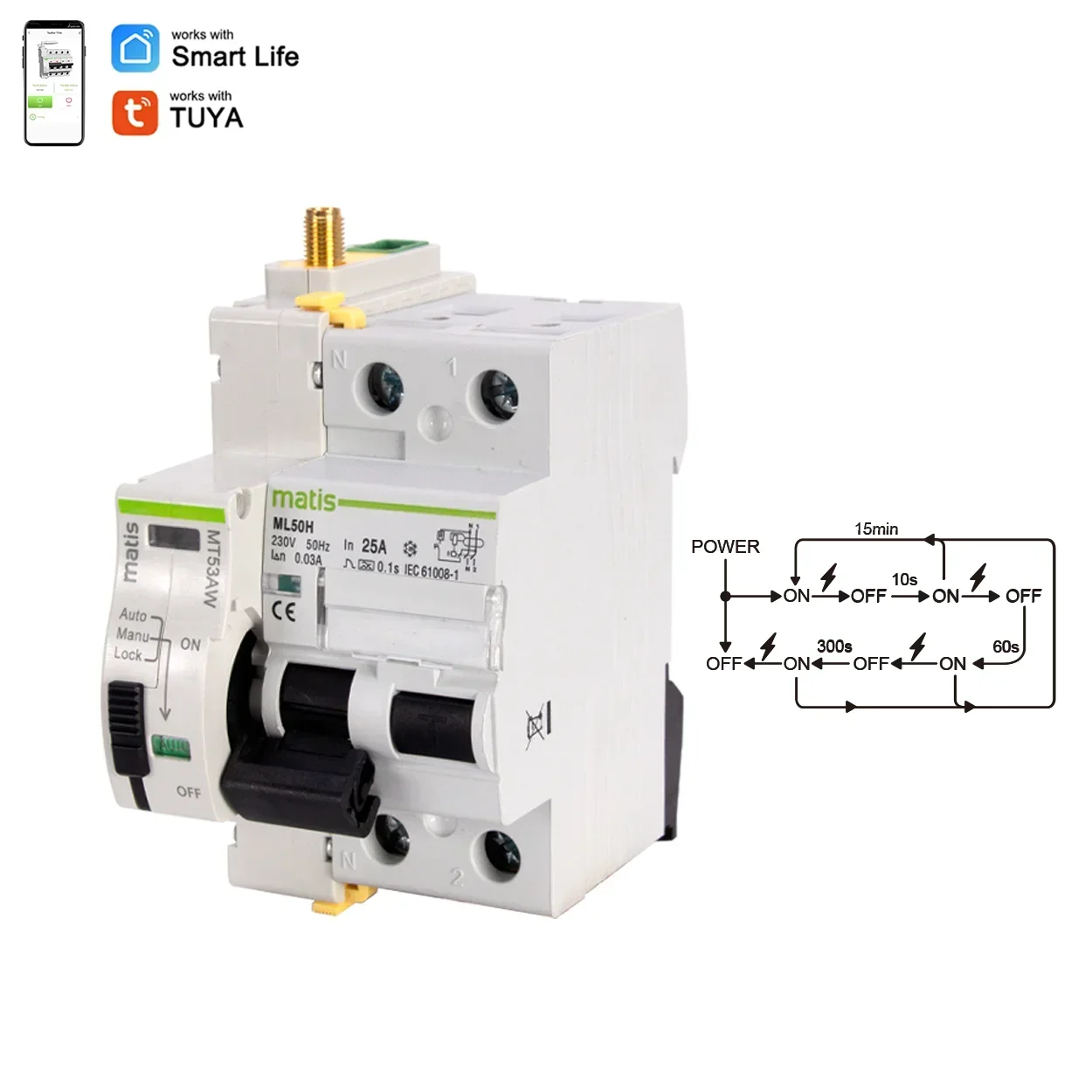 

Matismart MT53AW smart auto recloser tuya app remote control integrated with rccb circuit breaker for smart home