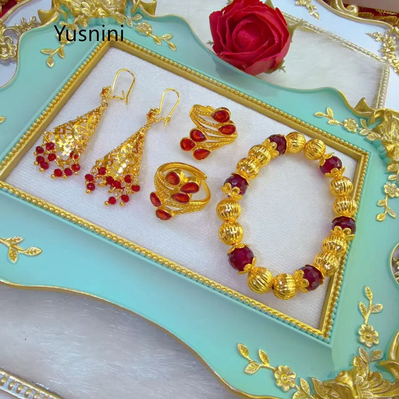 New French Dubai High end 24K Gold Plated Earrings, Rings, Bracelets, Exquisite Wedding Party Jewelry Set for Lovers 666