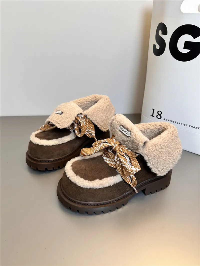 

Cow Suede Thick Sole Short Snow Boots Woman Winter Round Toe Lace Up Wool Warm Shoes Female Flat Comfort Ankle Boots Women New