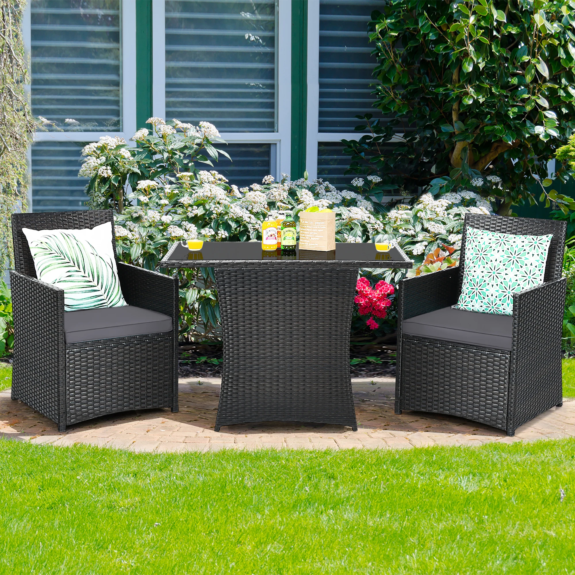 

3PCS Patio Rattan Furniture Set Cushion Sofa Armrest Garden Deck Gray