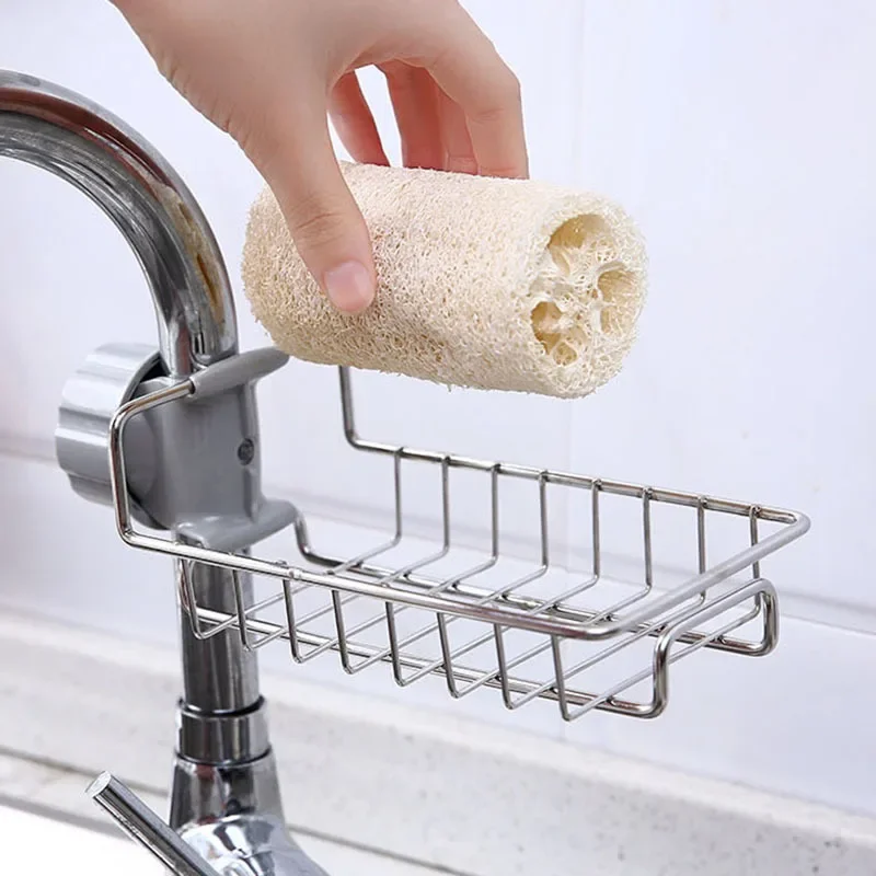 Kitchen Sink Faucet Shelf Stainless Steel Sponge Holder Adjustable Sink Faucet Dishcloth Towel Storage Rack