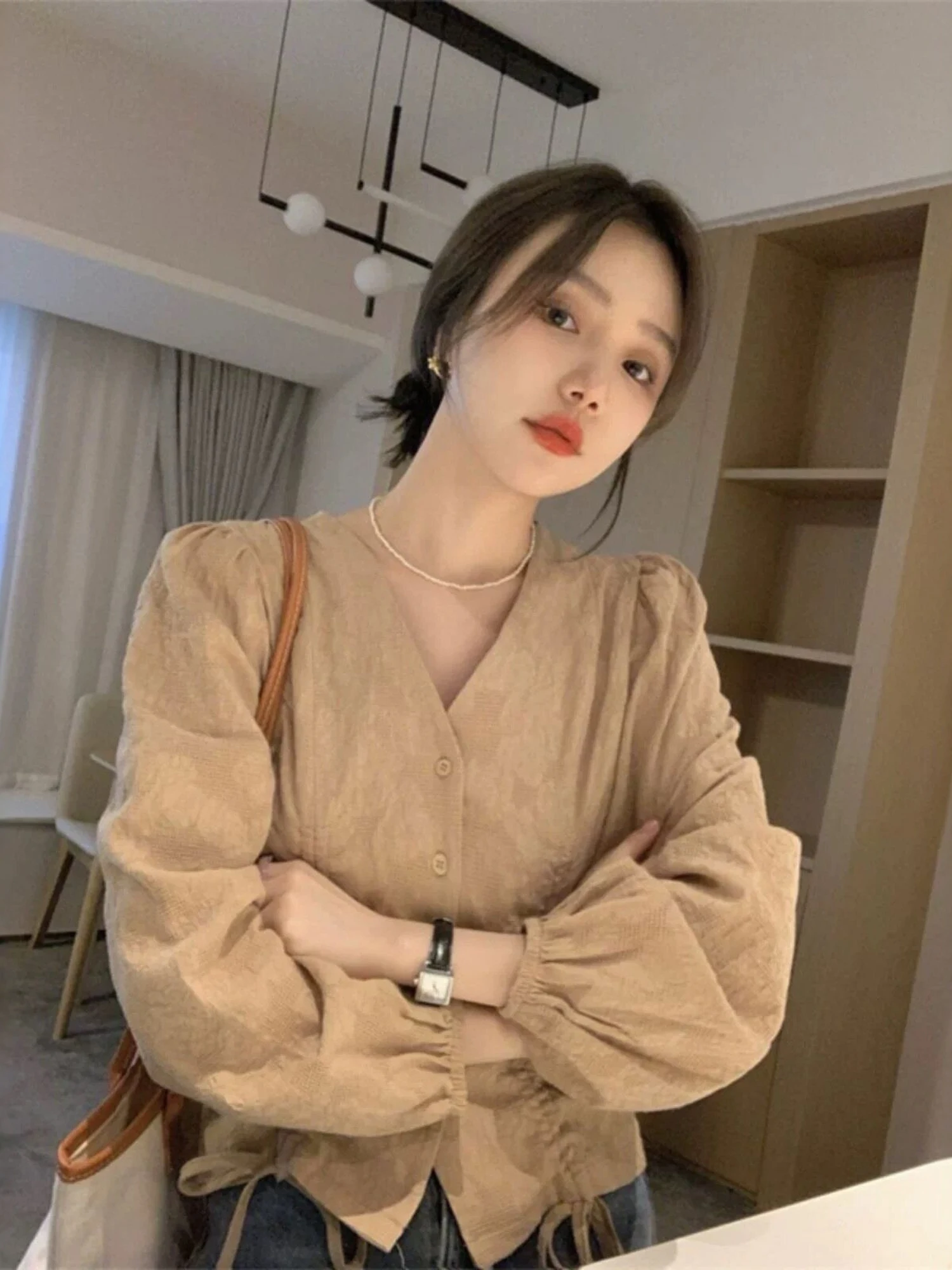 French Style V-Neck Drawstring Long Sleeve Bubble Sleeve Short Shirt Women Spring Autumn plus Size Slimming Folded Hem Top