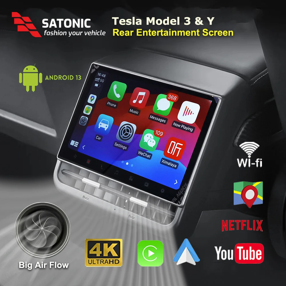 SATONIC Rear Entertainment Screen Android  Instrument Display For Tesla Model 3 Y Wireless Carplay Andriod Auto