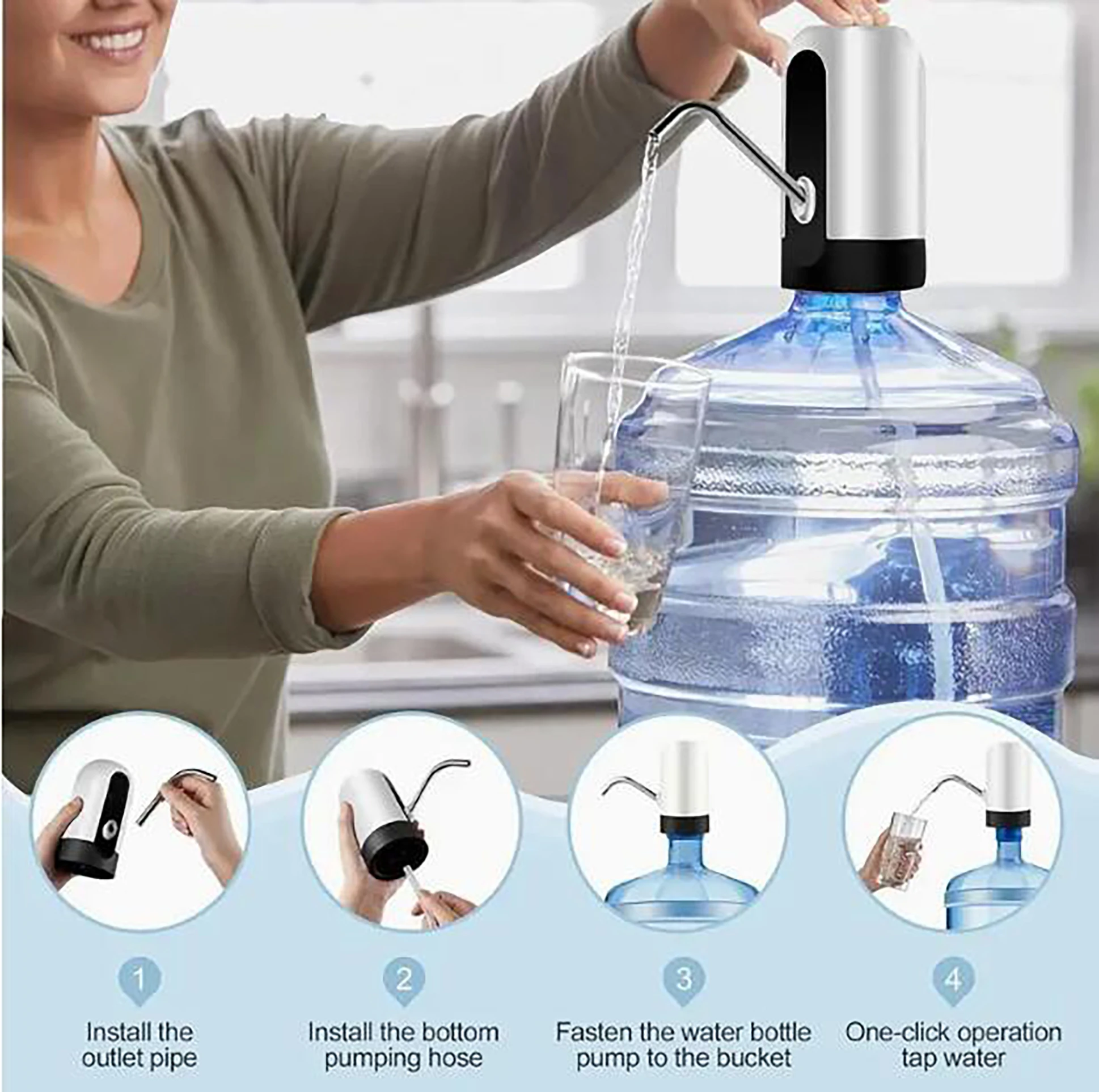 Electric water bottle pump portable universal electric water dispenser, suitable for camping, kitchen, office, workshop, garage 