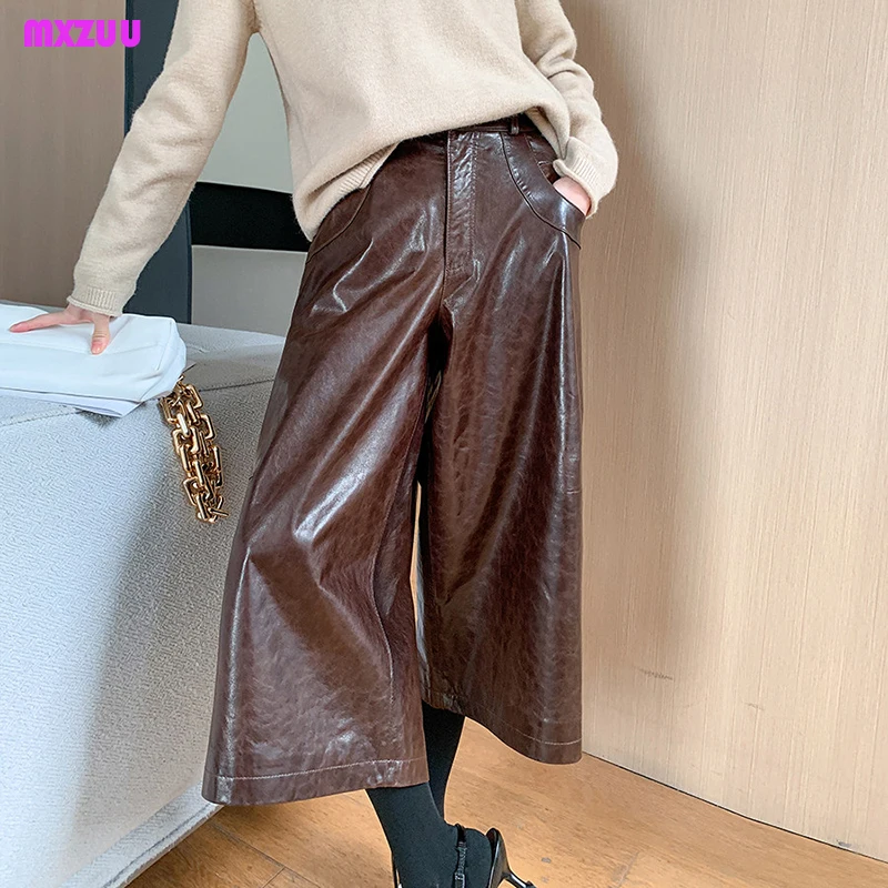 

Real Leather Cropped Pants Wide Leg Jeans Spring Autumn Women Crystal Waxy Sheepskin Black/Brown Versatile Loose Pantalones