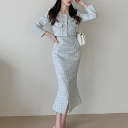 New Korean Autumn Winter Women 2 Pieces Set Single-Breasted Short Coats + Vintage Midi Pencil Skirt Sets Tweed Simple Plaid Suit