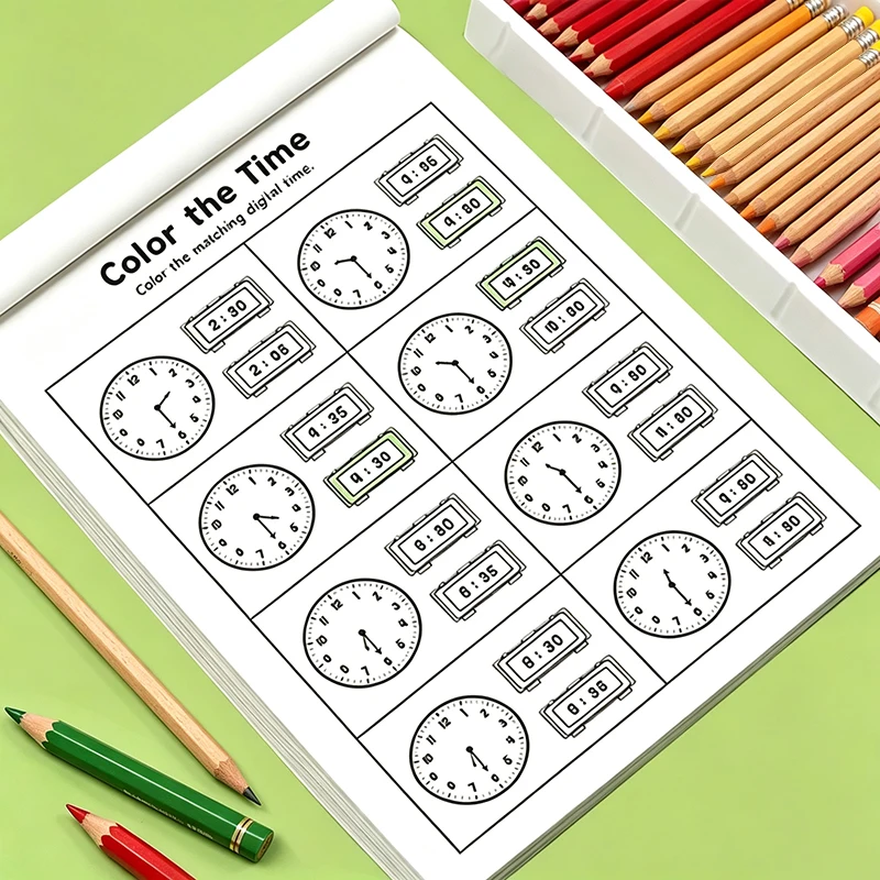 32-Page Math Time Practice Workbook, Suitable for Preschool to First Grade, Fun Math Books, Clock Reading Books, Arithmetic Books, Suitable for Home or School Use.