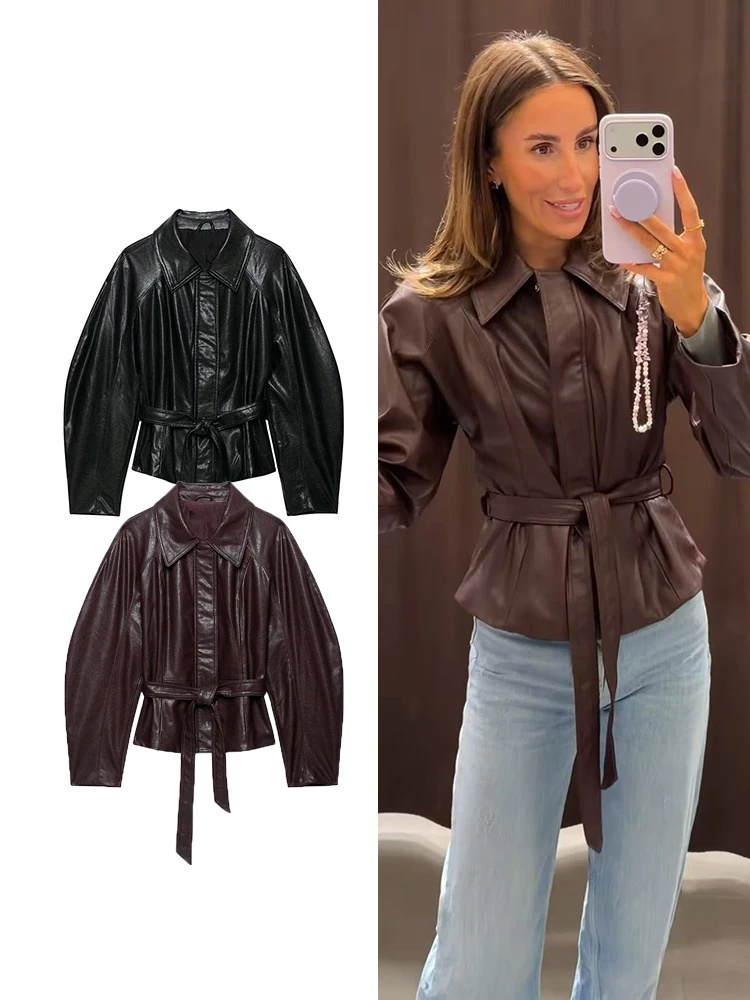 TFMLN Women Short Faux Leather Trench Coat Long Sleeve Turn Down Collar Zip Up Jacket With Belt Vintage Solid Lady Outwear