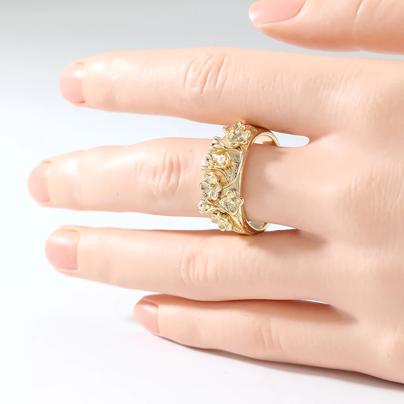 Luxury Exquisite Imitation Pearl Handmade Golden Floral Ring Women's Elegant Chic Design Banquet Celebration Jewelry Accessories
