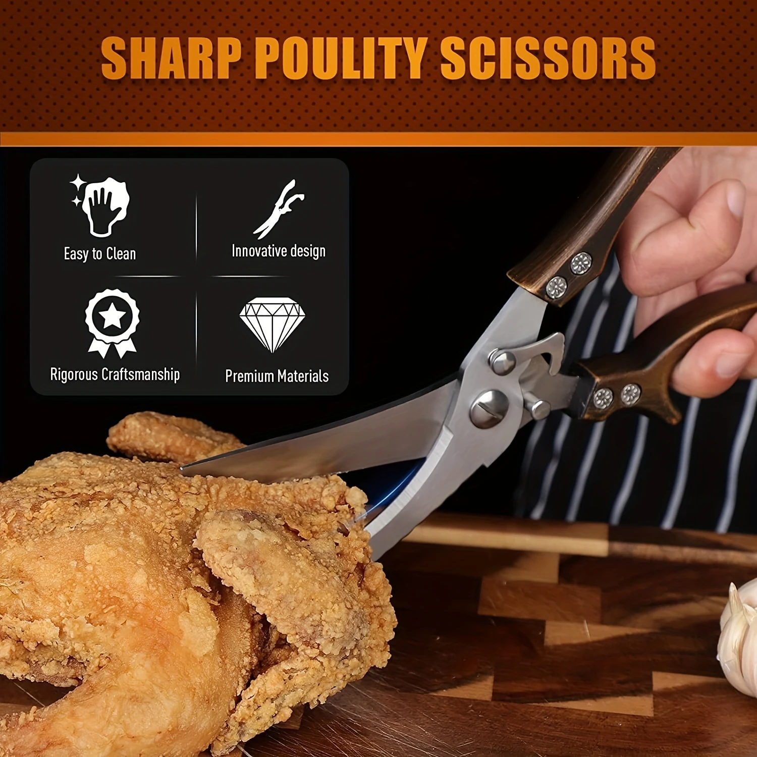 Stainless Steel Poultry Shears - Sharp Serrated Edge for Effortless Cutting, No Rust, Spring-Loaded, Ergonomic Right-Hand Design