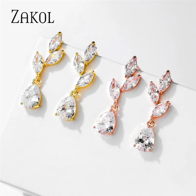 ZAKOL White Color Flower Shape Zircon Water Drop Crystal Pendant Dangle Earrings For Women Bridal Wedding Jewelry EP2469