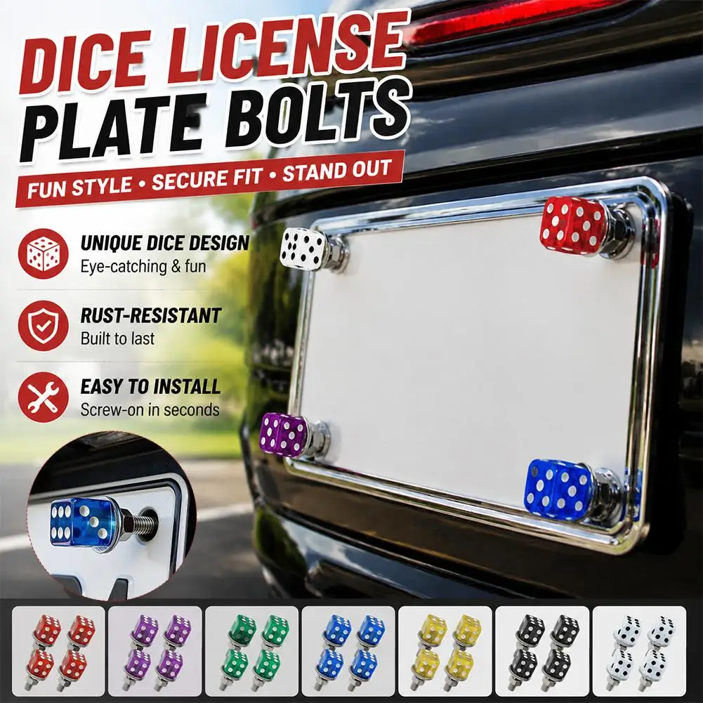 4Pcs Dice Shaped Motorcycle License Plate Frame Bolts Screws Auto License Plate Screws Car Truck Fastener Cap Bolts