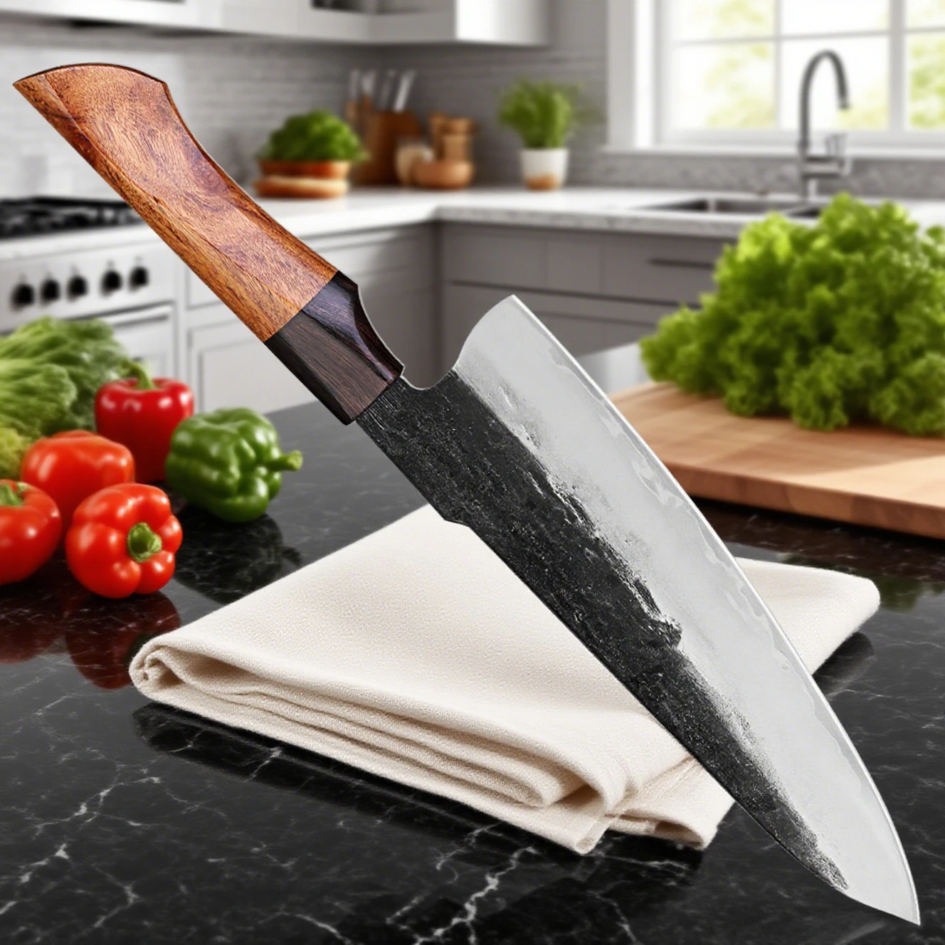 Handmade Kitchen Knife Triple-layer Composite Steel 9CR18 Core Hand Forged Knife Blade Chef Knife Sharp Redwood Ergonomic Handle