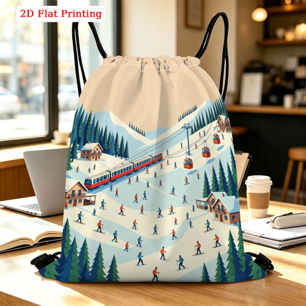 Ski Resort Mountain Scene Print Drawstring Backpack, Travel Shoe Bag, Fitness Sports Backpack, Travel Outdoor Drawstring Bag
