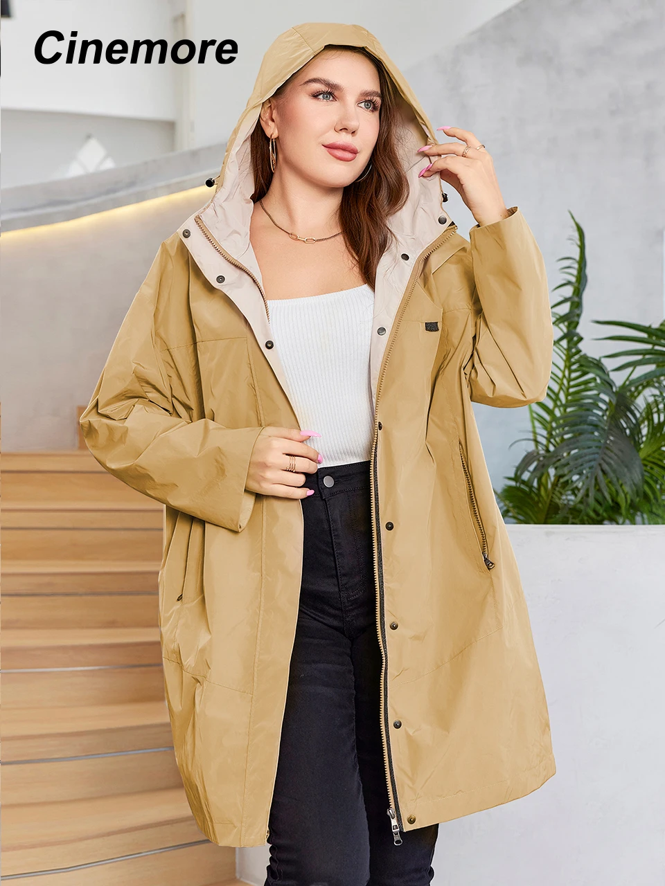 Cinemore Autumn Women\'s Trench Coat Waterproof Female Clothing Plus Size Casual Windbreaker Jacket With Hood Loose Overcoat 339