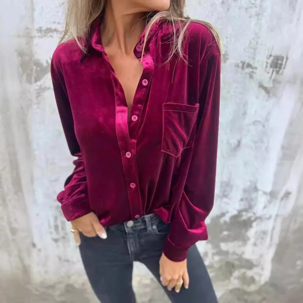 

Women Elegant Velvet Shirts Lapel Long Sleeve Solid Color Golden Velvet Shirt Loose Fit Single Breasted Casual Top Blusas