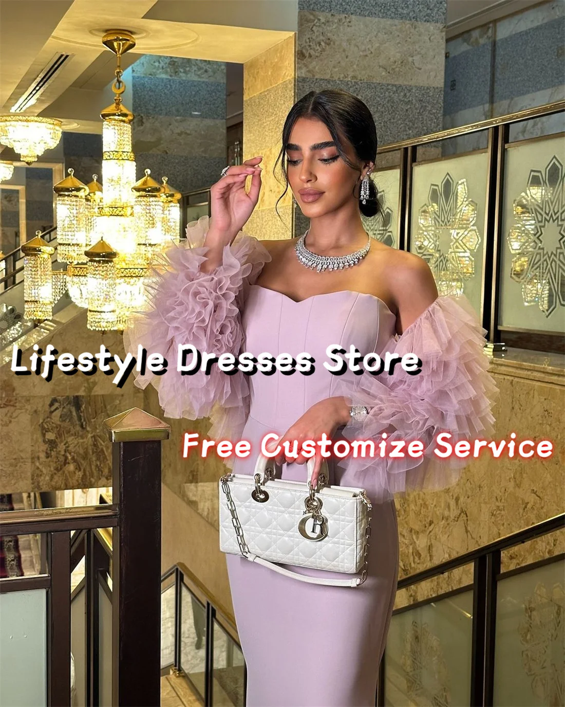 Customized Crepe Pink Formal Evening Dress for Arabic Women Tulle Tiered Jacket Wedding Party Gown Formal Dress