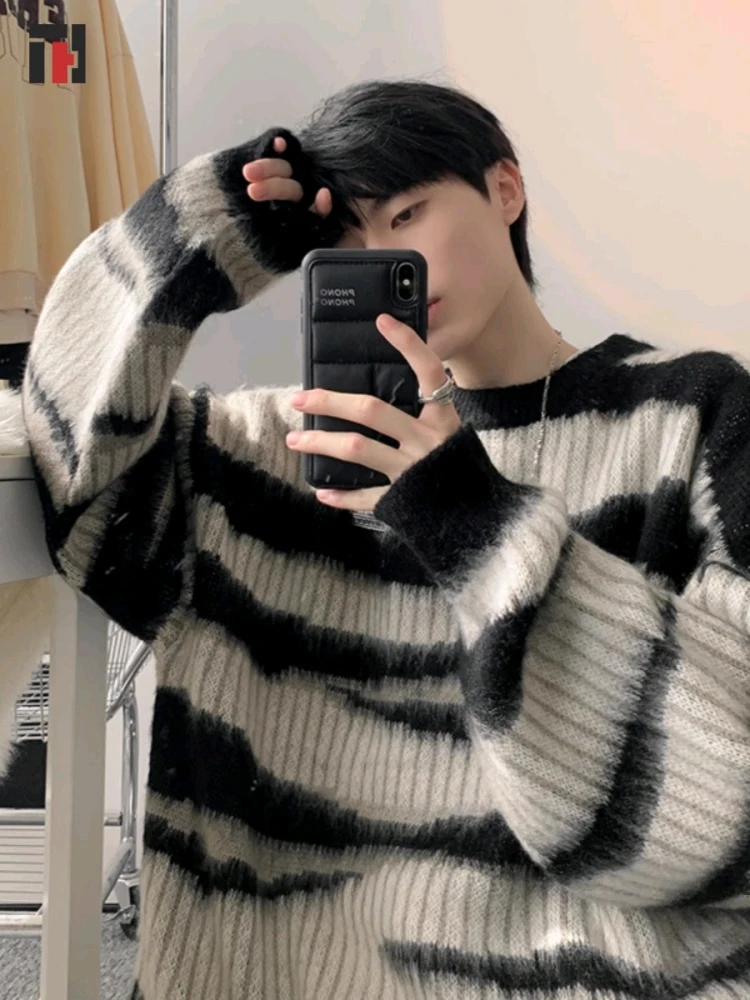 

Retro American Striped Camere Sweater Men's Loose Oversize Knitted irt for Autumn Winter New Sle Couple's Faion Wool ...