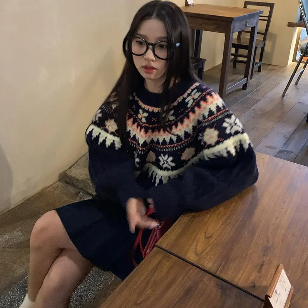 

Vintage Fell Island Women's Crewneck Turtleneck Sweater Heavy Industry Jacquard Ethnic Style Autumn Winter Trendy High Level