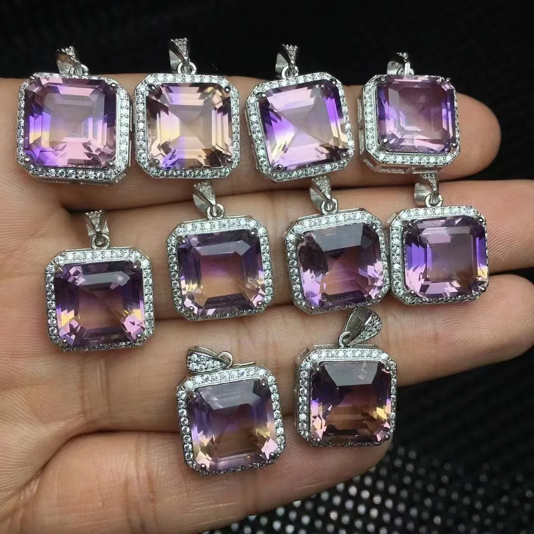 Unit One Piece 925 Silver Buckle With Natural Brazil Ametrine Crystal Gemstone Faceted Square Pendant