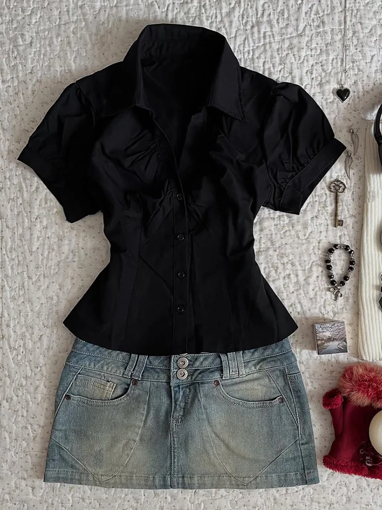 

Original Retro Design Bla ort Sve irt Slimming Waist Korean Sle Women's Faionable Top Summer irt BZT25030