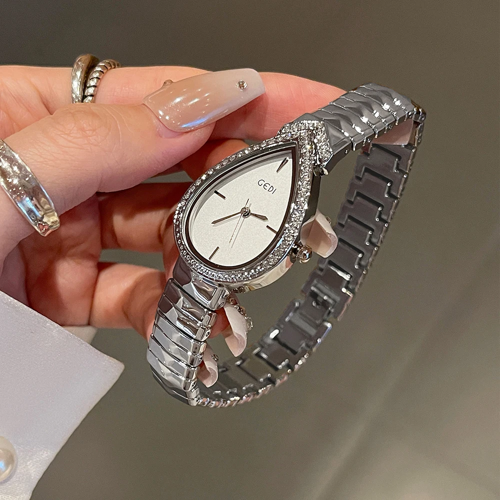 GEDI Exquisite Elegant Women's Watches Droplet-shaped Rhinestones Dial Fashion Ladies Small Quartz Watch Luxury Gold Bracelet