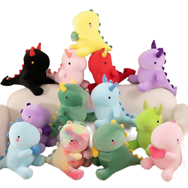 ตุ๊กตาไดโนเสาร์น่ารักนุ่มนิ่ม นั่งถือหัวใจ มีเขาสีดำแดง ของเล่นตุ๊กตาสัตว์การ์ตูน ของขวัญ