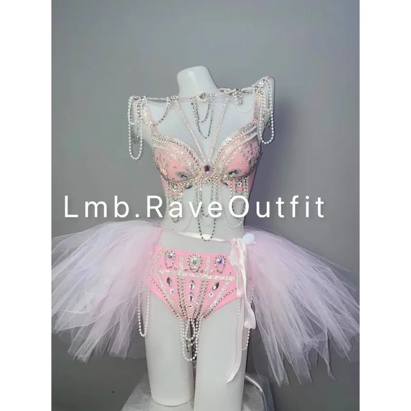 

Customized Pink Girl Full Diamond Pearl Electric Syllable Tutu Skirt Nightclub Performance Set Bra Pants Skirt Ballet Tutu