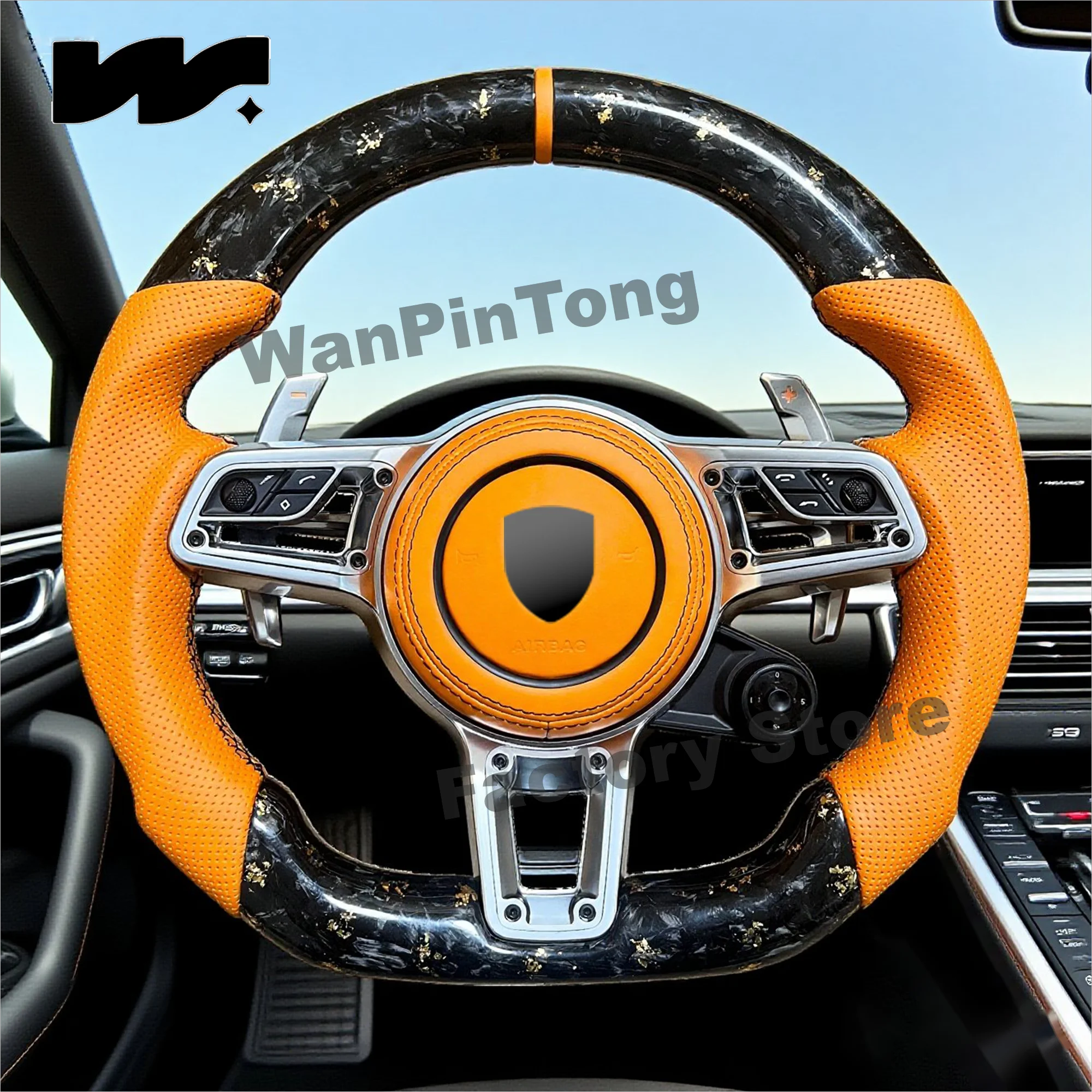 

Customized for Porsche,with orange markings on the top,orange perforated leather,gold powder forged carbon fiber steering wheel