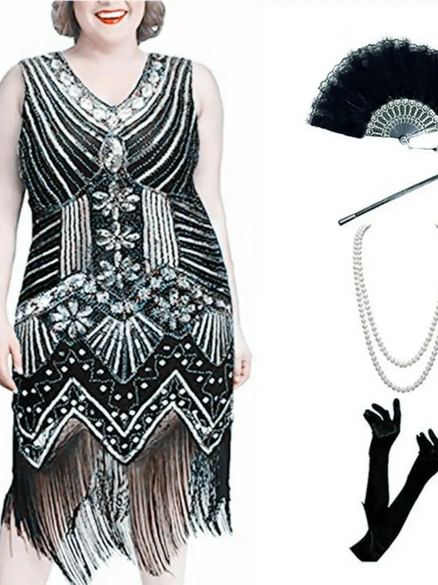 Large Size Women's Ensemble Vintage 920s Sequin Par Evening V-ne Tassel Dr Beadwork Summer 2025 Faion Trend