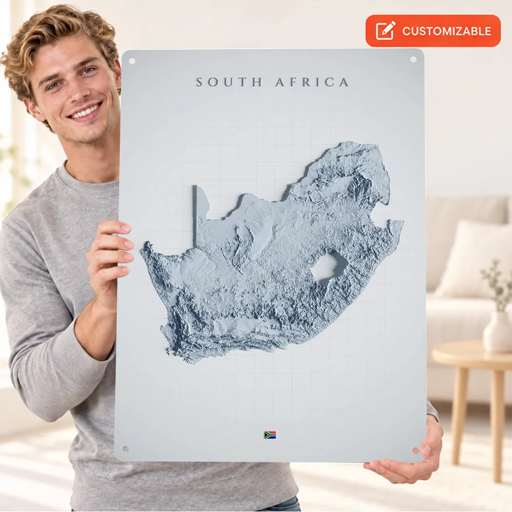 South Africa Terrain Map Aluminum Poster Customized Metal Sign White Relief Effect Wall Art For Study Geography Enthusiast Gift