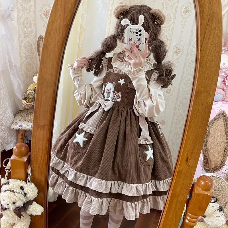 MAGOGO Cute Bear Diary Lolita JSK Dress Women Kawaii Bow Ruffles Embroidery Vintage Strap Dresses Autumn Winter Women Clothing