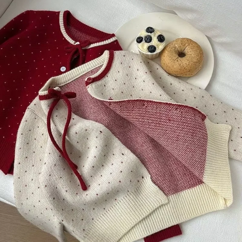 Girls Bow Tie Knit Cardigan Sweater 2026 Autumn Winter New Kids Sweet Style Open Front Coat Children Fashion Outerwear