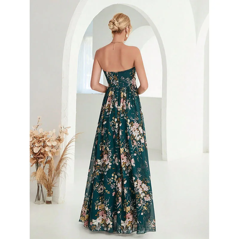 カジュアルな休日の花柄プリント、女性用ラウンドネックシルクイブニングガウン、ミッドウエストストレートフィット、ファッショナブルなパーティウェア