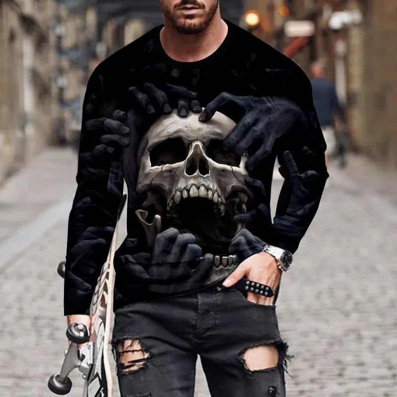 Long Sleeve Men 3D Skulls Printed Gothic T-Shirts Autumn 3D Horror Evil Pattern Halloween Style Tops Round-Neck 6XL Tee Big Size