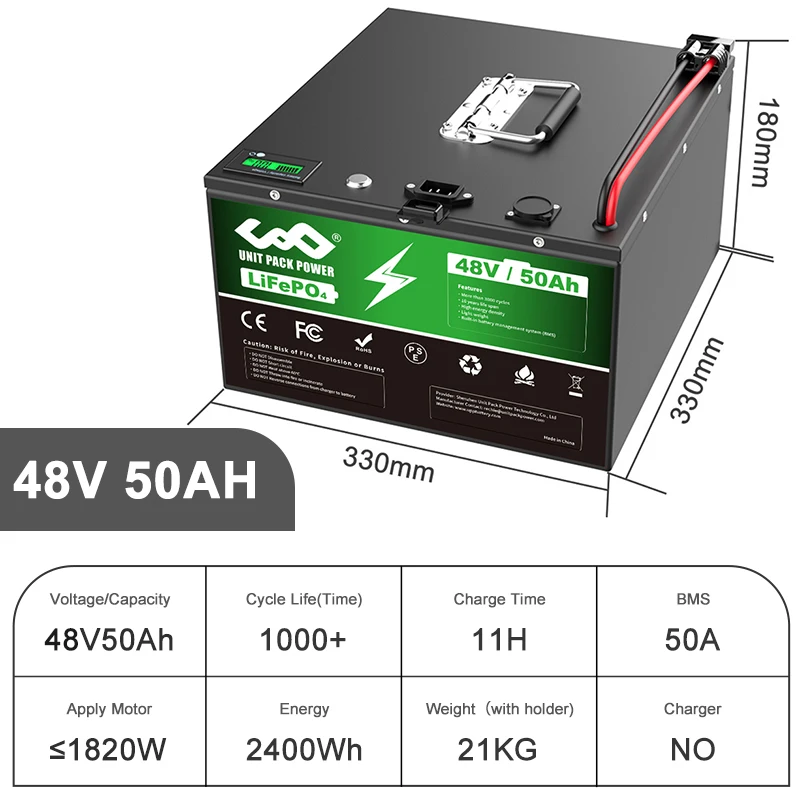 48V 50Ah LifePo4 Battery Lithium Pack Built-in BMS Rechargeable Battery for 1800W Motorcycle/Trike/Go-Kart/Backup Power/Solar RV