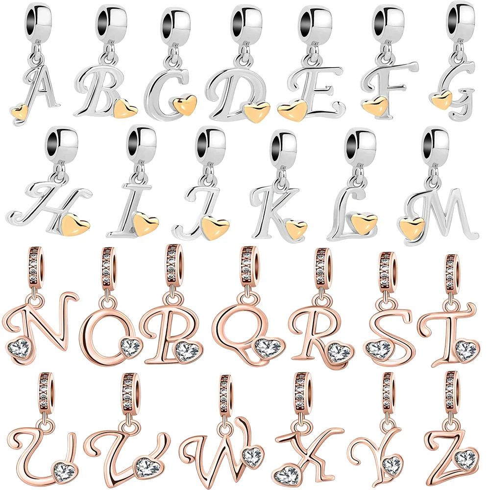 Hot Sale S925Silver Rose Gold Light Gold Tone 26 Letter English Pendant Charm Fit  Bracelets Necklaces DIY Jewelry Accessories