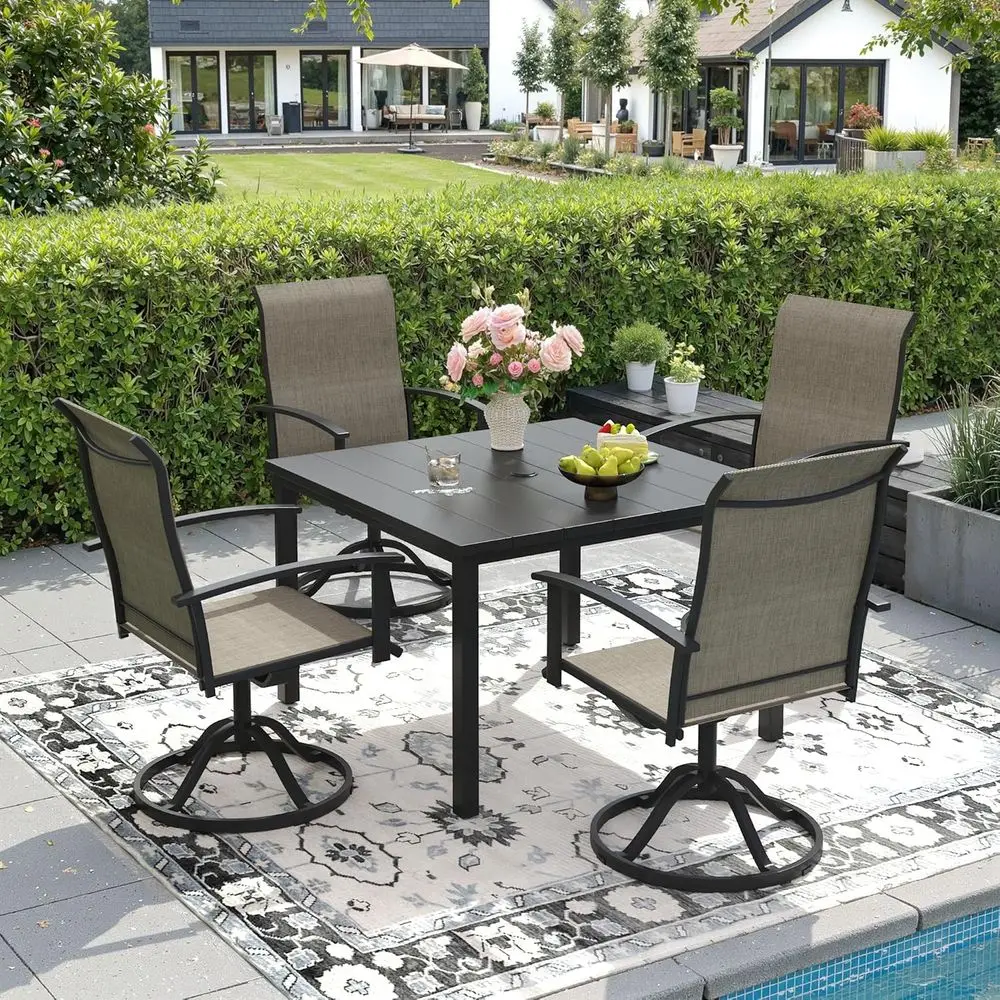 

5-Piece Outdoor Dining Set: Black Metal Patio Table with 4 Swivel Chairs and Umbrella Hole