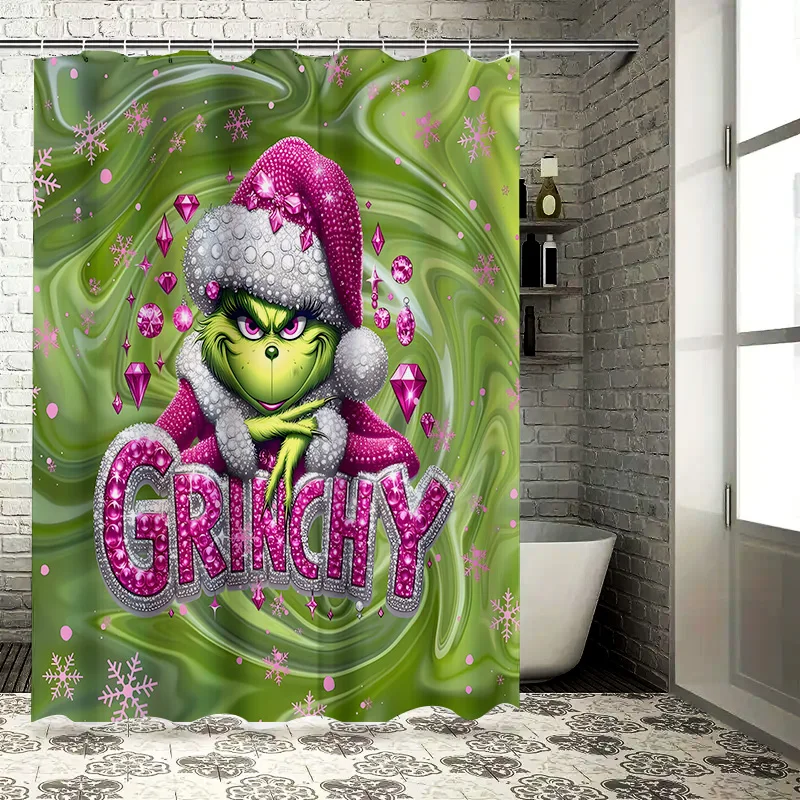 Pink Santa Hat Decor Shower Curtain Green Bg ‌Diamond Pattern Christmas Home Textile For Bathroom Holiday Decor Ideas