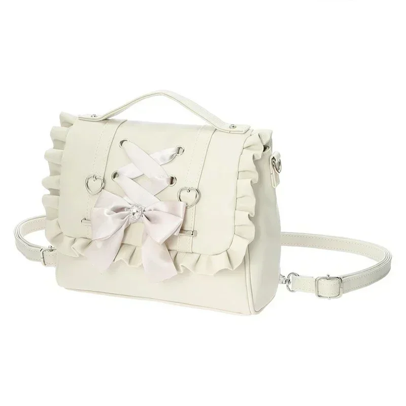 Sweet Lolita Pu Leather Bag Heart Bow Crossbody Shoulder Bag Kawaii Y2K Jk School Style Pink White Black Kawaii Gift for Girls