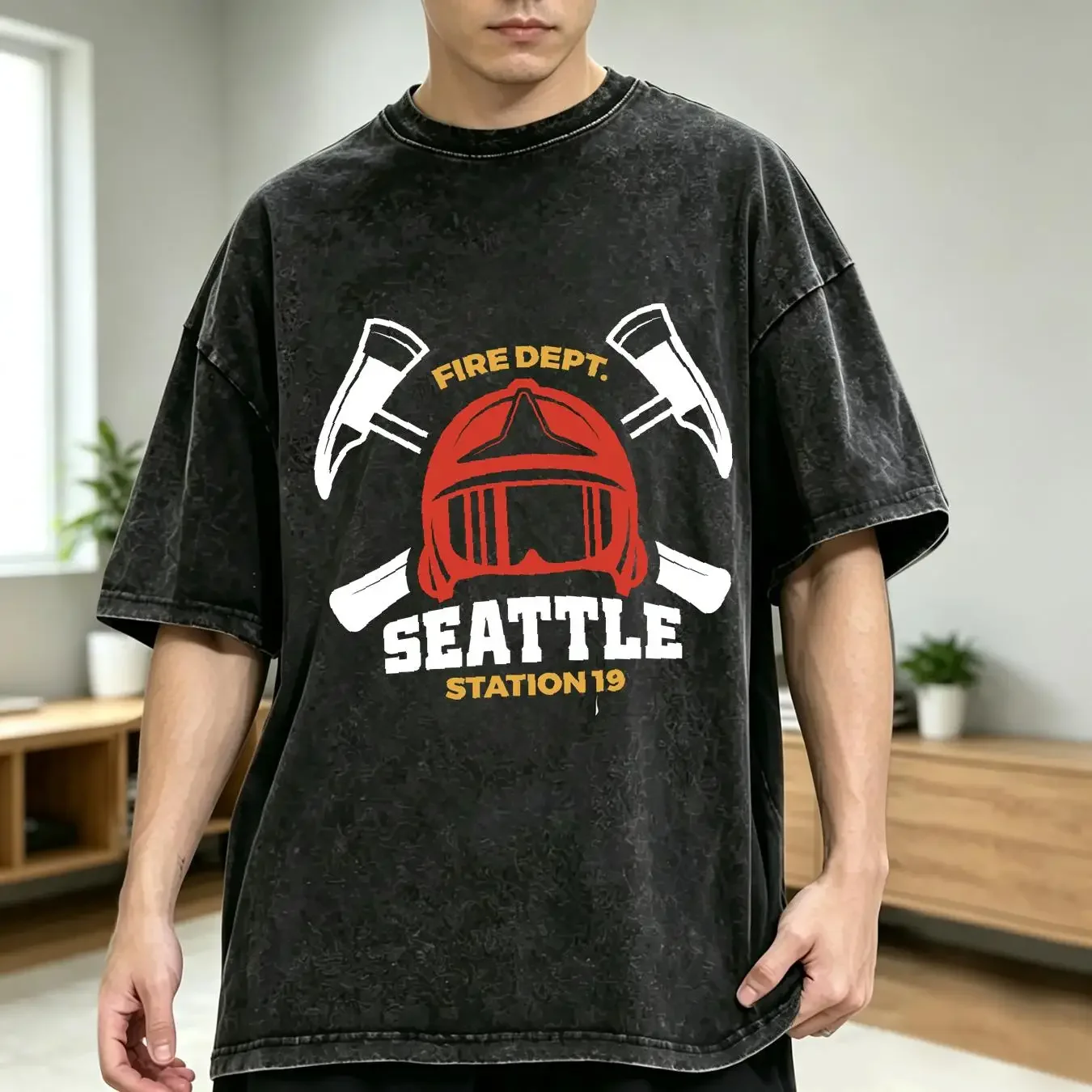 washed T Shirt New Seattle Fire Department Firefighter Station 19 TV Series Men's vintage Washed Comfortable Slightly