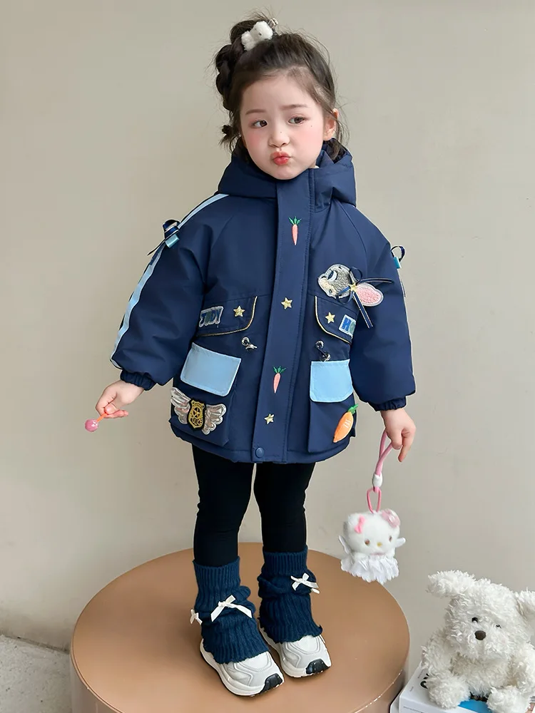 

Флисовая куртка для девочек Judy Hopps, модное толстое пальто с капюшоном и аппликацией из мультфильмов, корейские повседневные милые детские теплые куртки с вышивкой