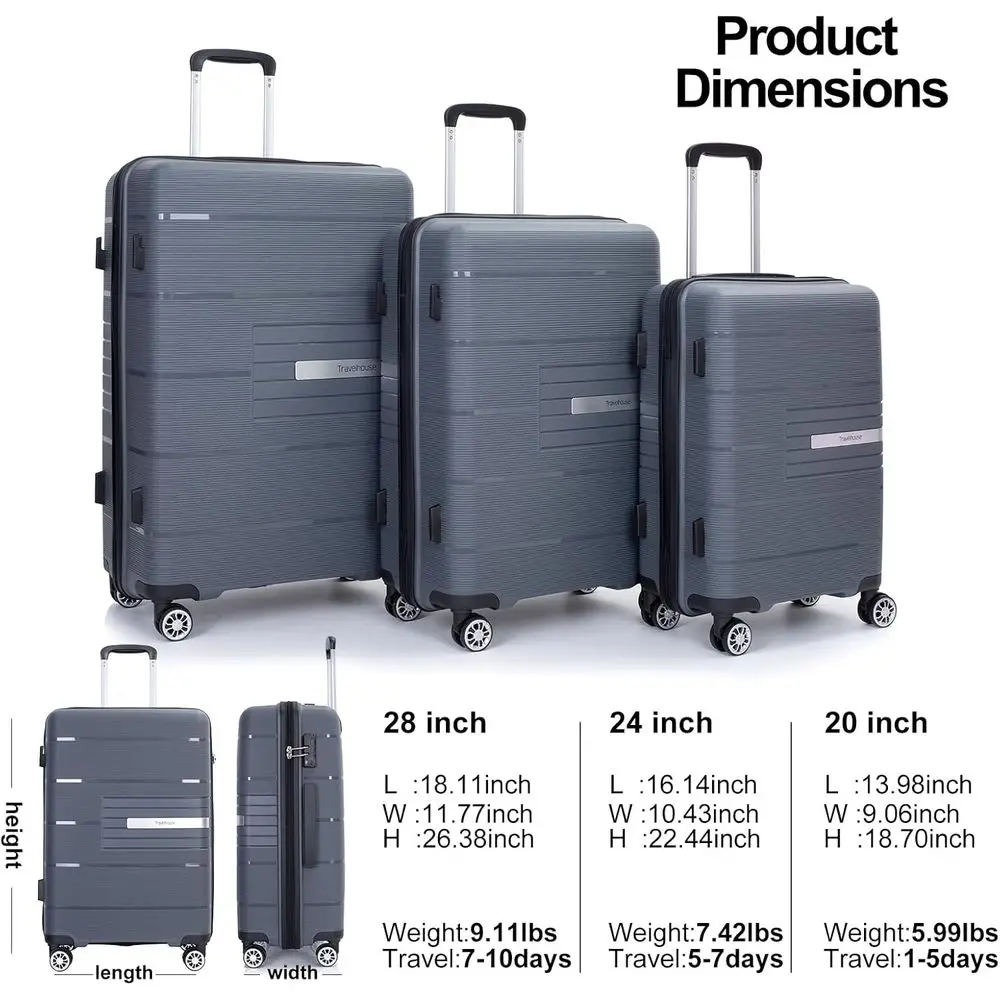 Gray 3-Piece Spinner Luggage Set with TSA Lock, Lightweight Hardshell, Sizes 20, 24, 28