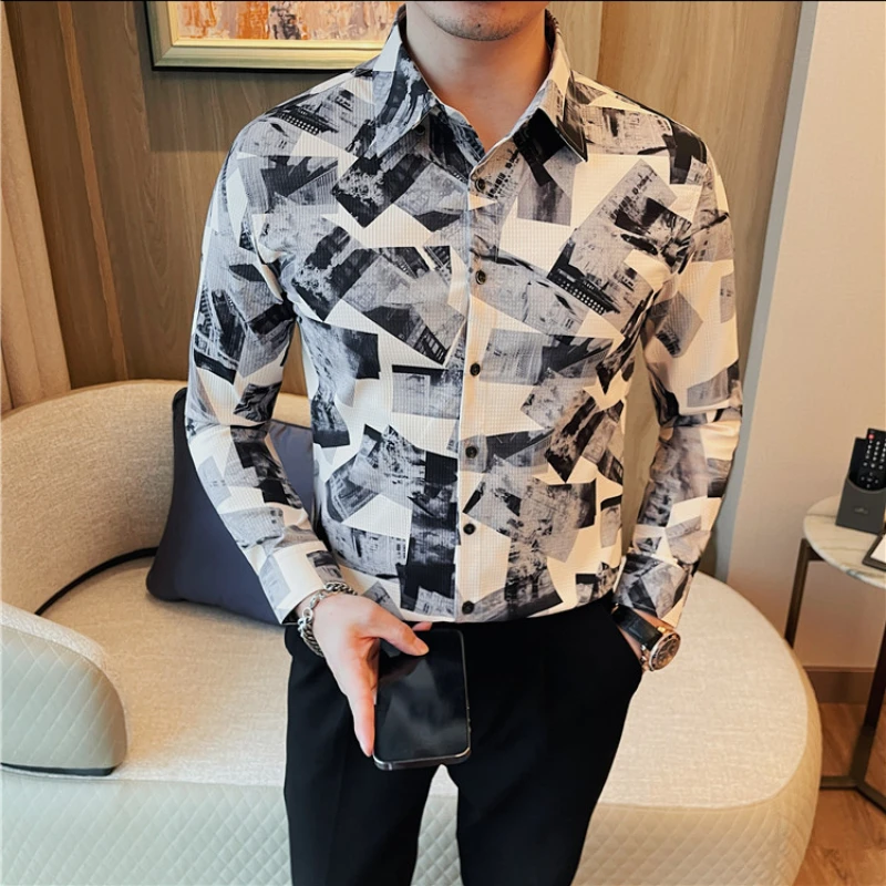 Korean Trend Printed Shirt for Men High-quality Slim Long Sleeved Shirt Casual Business Social Formal Dress Shirts Men Clothing