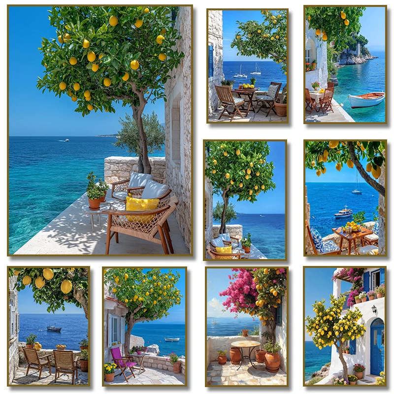 Italian Lemon Tree  Mediterranean Greece  Boat Amalfi Seascape Poster Canvas Painting Wall Art Pictures Home Decor Cuadros