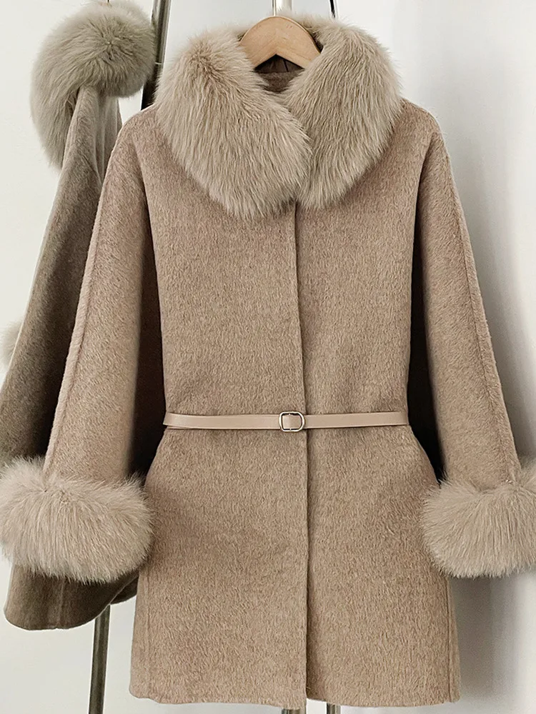 ONEXWEN Women Mid-length Double Sided Wool Coat Natural Fur Collar Cuffs Metal Buckle Belt Winter Lady Warm Wool Overcoat RU74