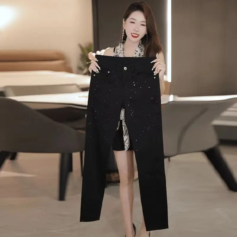 

High-End Luxury Rhinestone Slim Fit Men's Jeans Korean Fashion Elastic Black Casual Pants Mid-Waist Multi-Pocket Denim Jeans