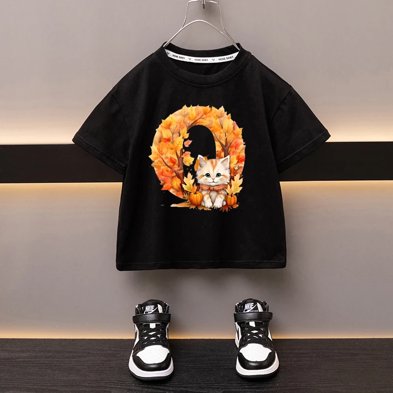 Maple Leaves Letter O Children T-shirt Kawaii Clothes for Girls T Shirt Anime Cartoons Casual Kid Boy Short Sleeve Tops New 2024