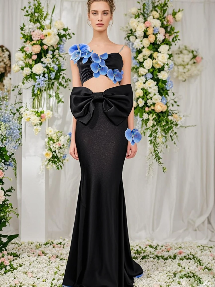 

Women Long Skirt Two Piece Sets Sexy Spaghetti Strap Flowers Top + Big Bow Slim Skirt Suits Evening Club Party Formal Outfits