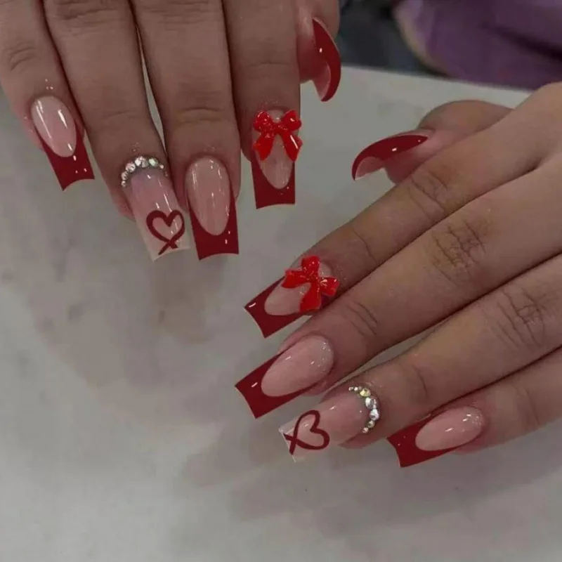 Medium Square Red French Press On Nails Nude Base 3D Red Bow Heart Rhinestone Fake Nails Glossy Reusable Detachable False Nail Tips For Women Valentine Daily Party Manicure - Detail 1